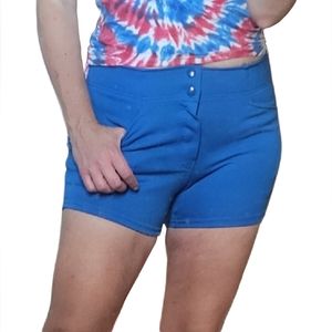 Vtg 70s made in USA polyester white stitch dbl snap royal blue sport shorts  32